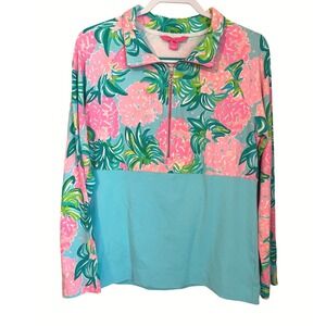 Lilly Pulitzer Size L Noralie 1/4 Zip UPF 50+ Pineapple Shake Aqua Pink Preppy